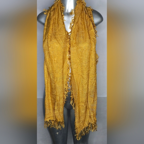 Honey Accessories - Honey Mustard Yellow Gold Woven  Rayon Fringe Scarf,  69” X 12”    2” Fringe